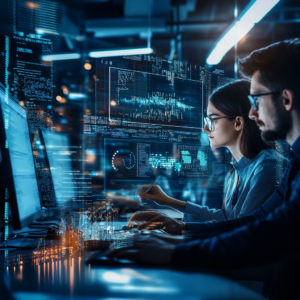 Team analyzing data on computers