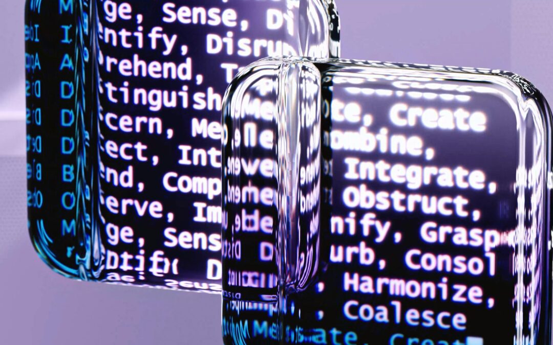 Abstract image with words reflected in glass.