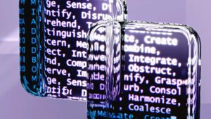 Abstract image with words reflected in glass.
