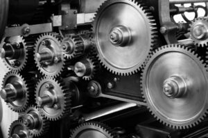 Close-up of metal gears in machinery