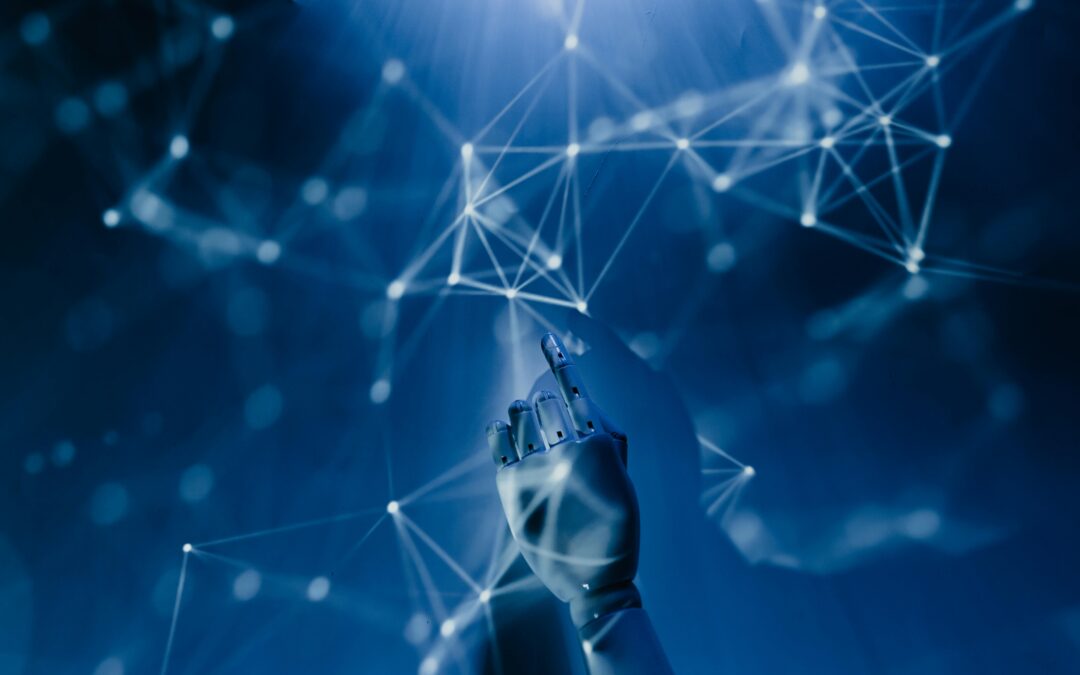 Robotic hand interacting with digital network.