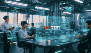 Team working on software automation in futuristic office.