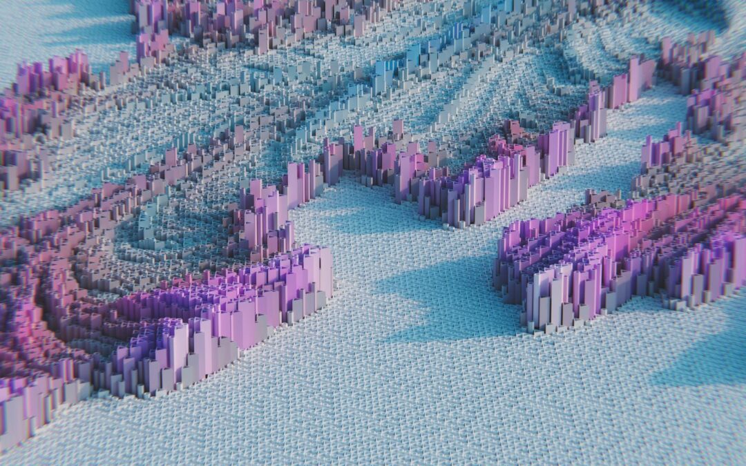 3D abstract terrain with purple and cyan colors.