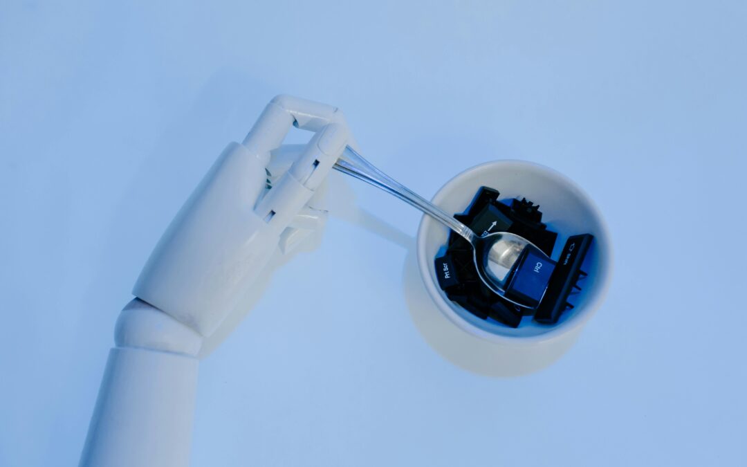 Robot hand holding spoon with keyboard keys