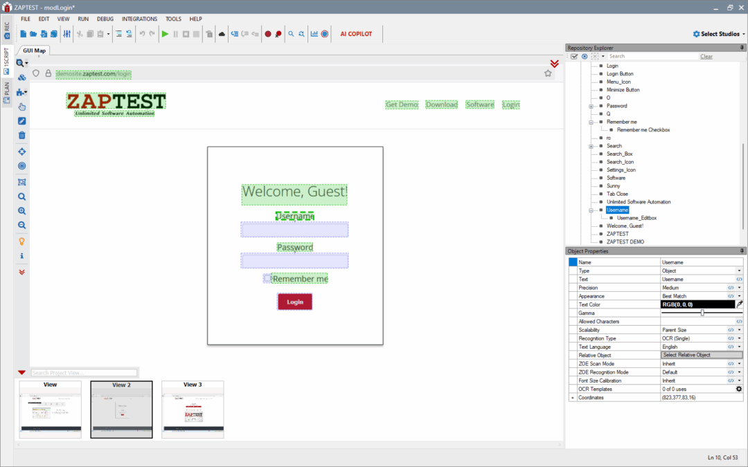 ZAPTEST login page with username, password fields.